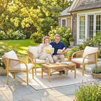Solarias Salon de Jardin Extérieur 4 Pièces avec Canapé 2 Fauteuils Table Coussins, Acier Résine Tressée, 120x72x73cm, Kaki