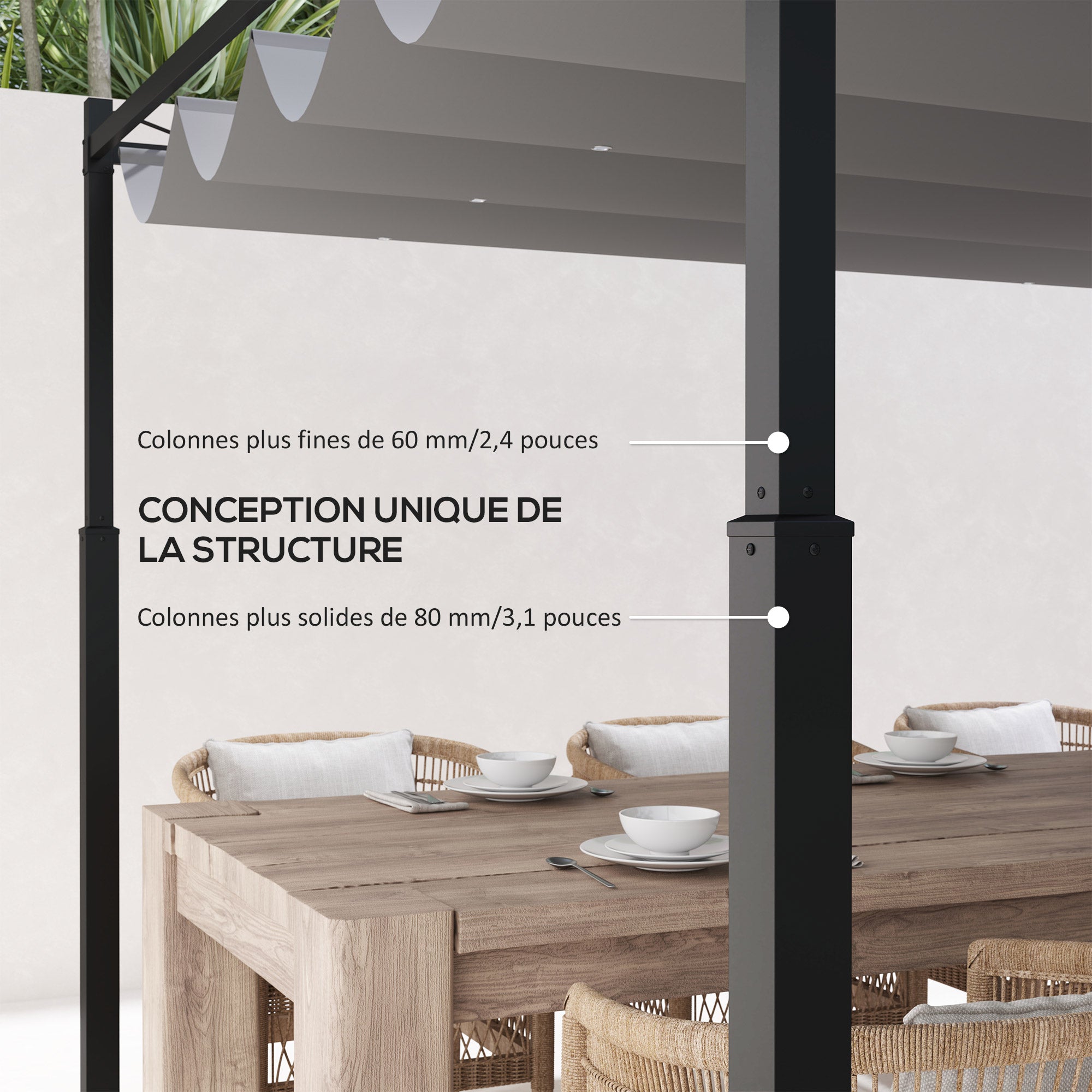 Solarias Pergola de jardin exterieur 3 x 3 m avec toit rétractable et fixation magnétique, abri soleil UPF30+, gris