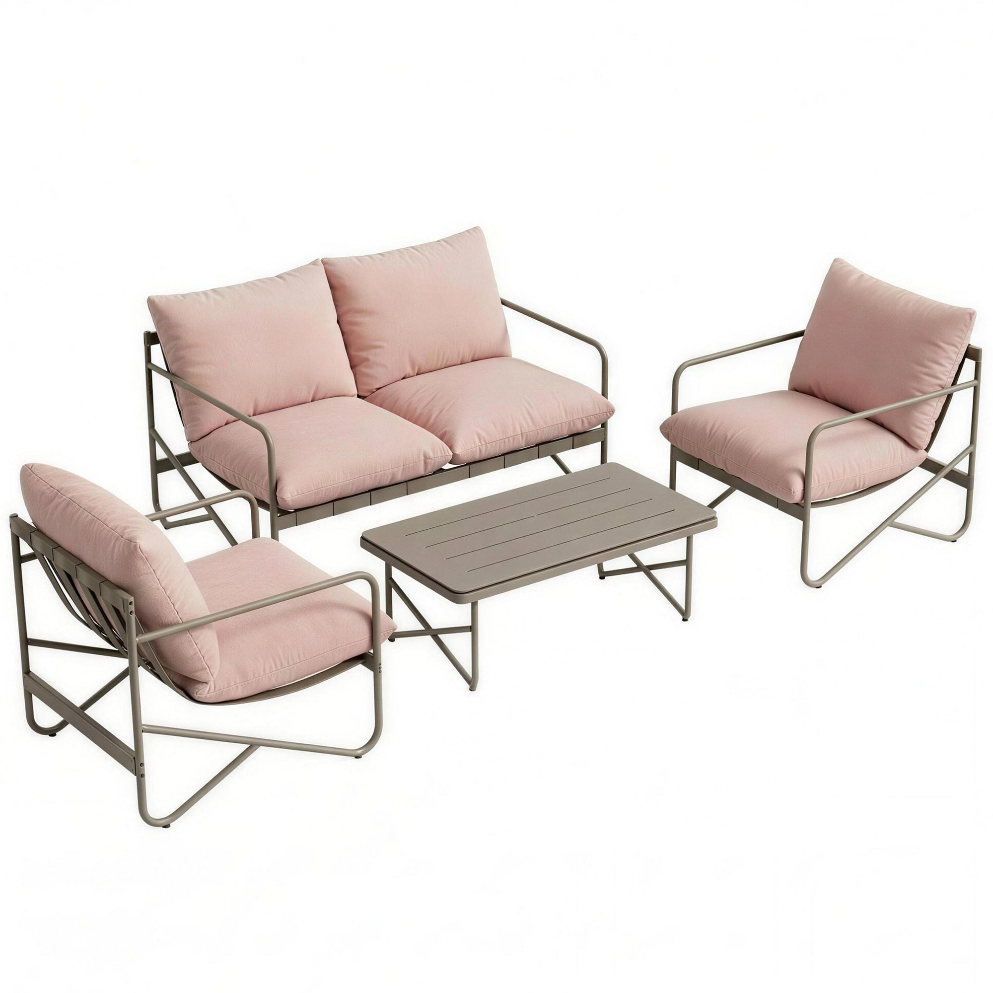 Solarias Ensemble de jardin 4 personnes : Canapé, Fauteuils, Table, Métal, Rose