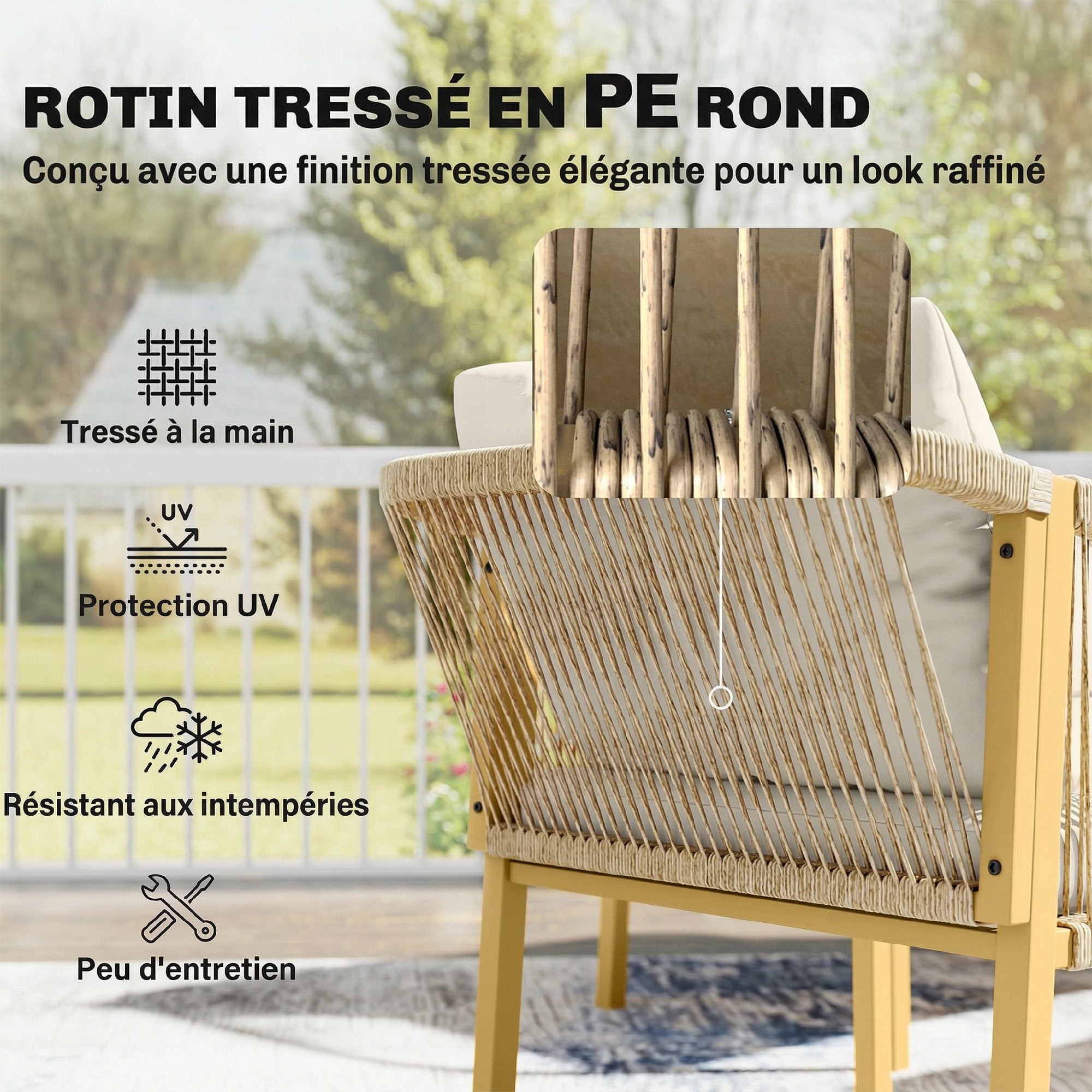 Solarias Salon de Jardin Extérieur 4 Pièces avec Canapé 2 Fauteuils Table Coussins, Acier Résine Tressée, 120x72x73cm, Kaki