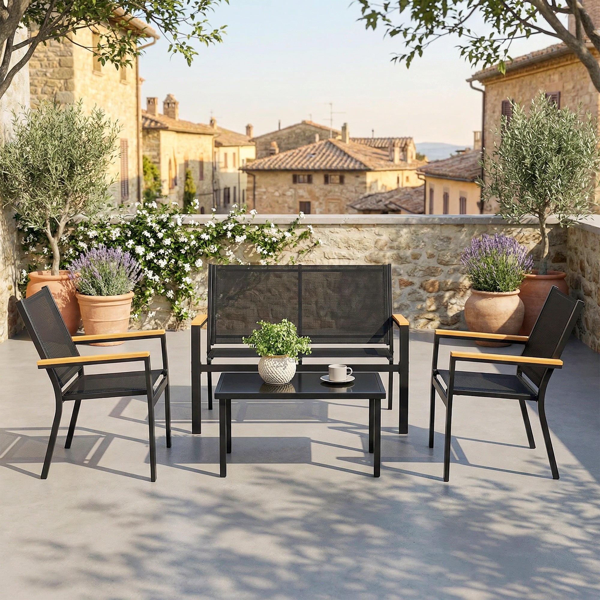Solarias Salon de jardin extérieur 4 pièces avec canapé 2 places, 2 chaises et table basse en verre trempé, noir