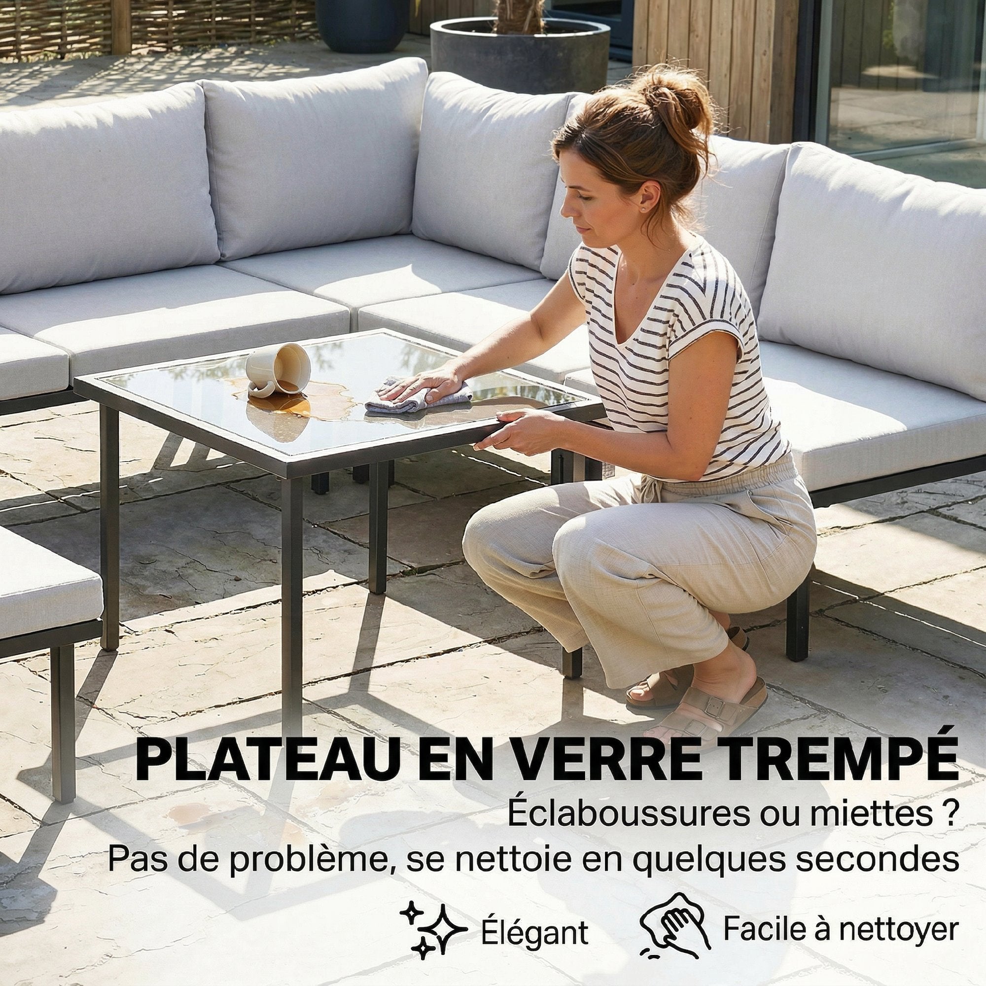 Solarias Salon de jardin extérieur d'angle modulable 6 personnes, table basse avec plateau en verre trempé, gris clair