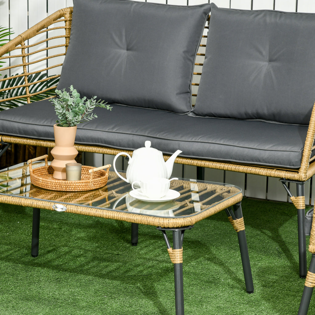 Solarias Ensemble salon de jardin 4 pièces canapé 2 places 2 fauteuils 1 table basse 7 coussins métal et résine imitation ro
