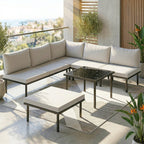 Solarias Salon de jardin extérieur d'angle modulable 6 personnes, table basse avec plateau en verre trempé, gris clair