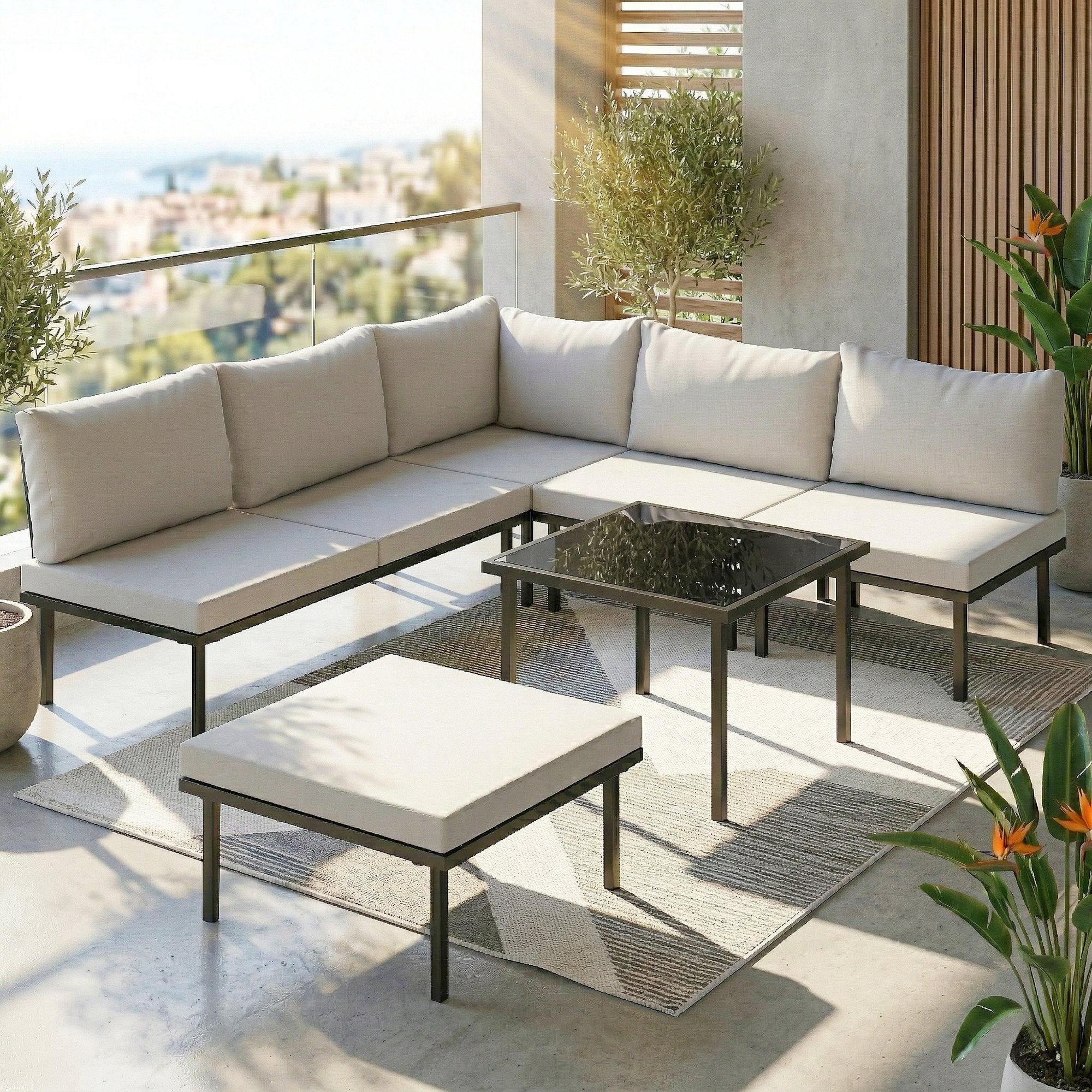 Solarias Salon de jardin extérieur d'angle modulable 6 personnes, table basse avec plateau en verre trempé, gris clair