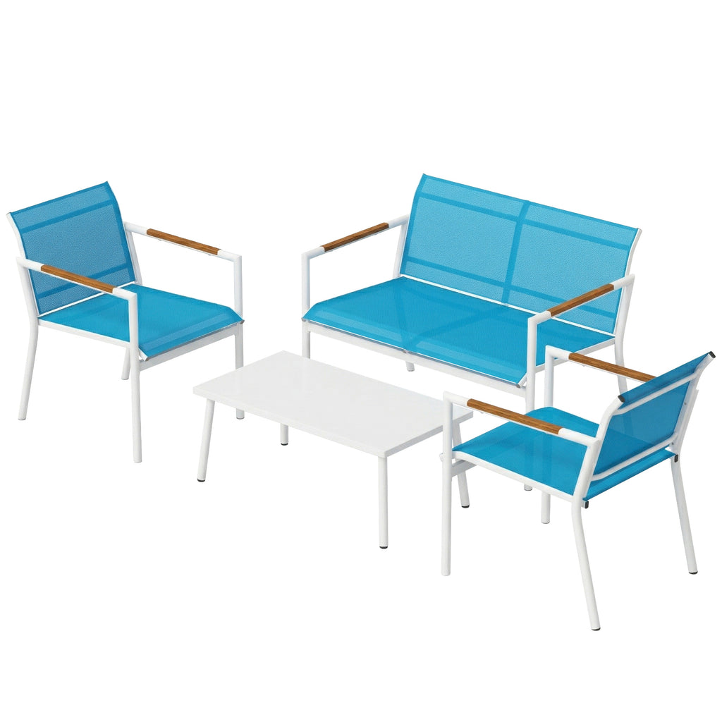 Solarias Ensemble jardin 4 places Canapé, Fauteuils, Table en métal, Bleu.