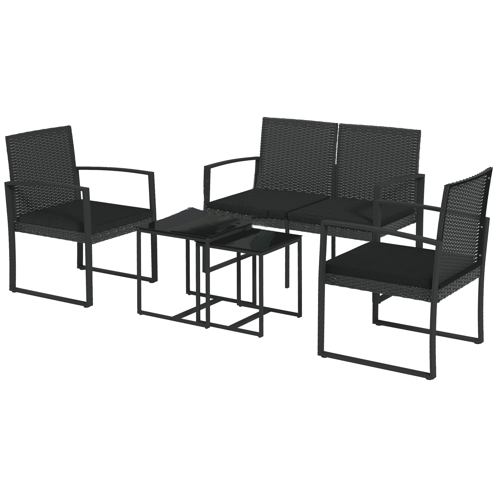 Solarias Ensemble de Jardin avec 2 Chaises, Canapé et 2 Tables avec Coussins et Plateau en Verre, Noir