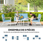 Solarias Salon de jardin extérieur 4 personnes, salon de balcon 5 pièces avec canapé, 2 fauteuils et 2 tables basses bleu cl