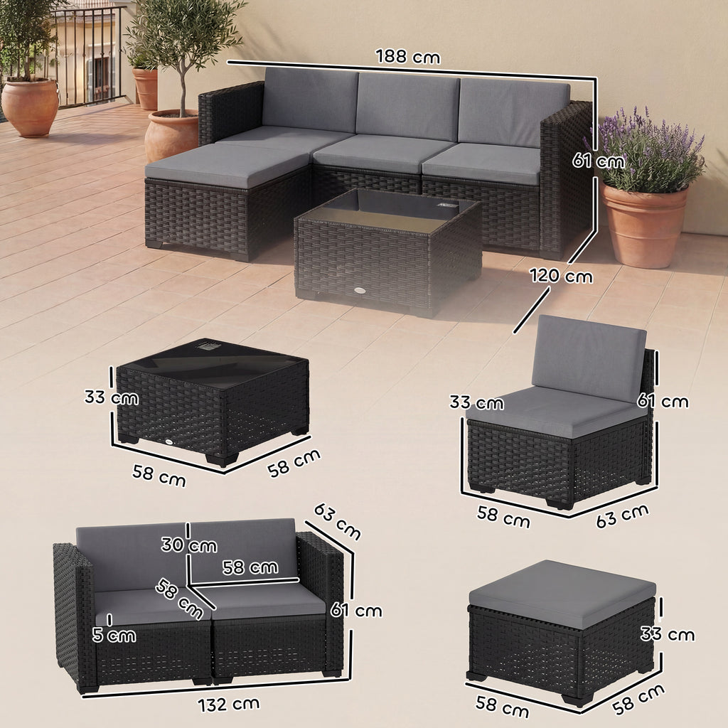 Solarias Ensemble Modulaire de Jardin en Rotin 5 Pièces avec Coussins, Canapé d'Angle Gris