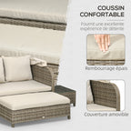 Solarias Ensemble salon de jardin 4 pièces canapé 2 places + 1 repose-pieds + 2 table basse avec coussins beige marron