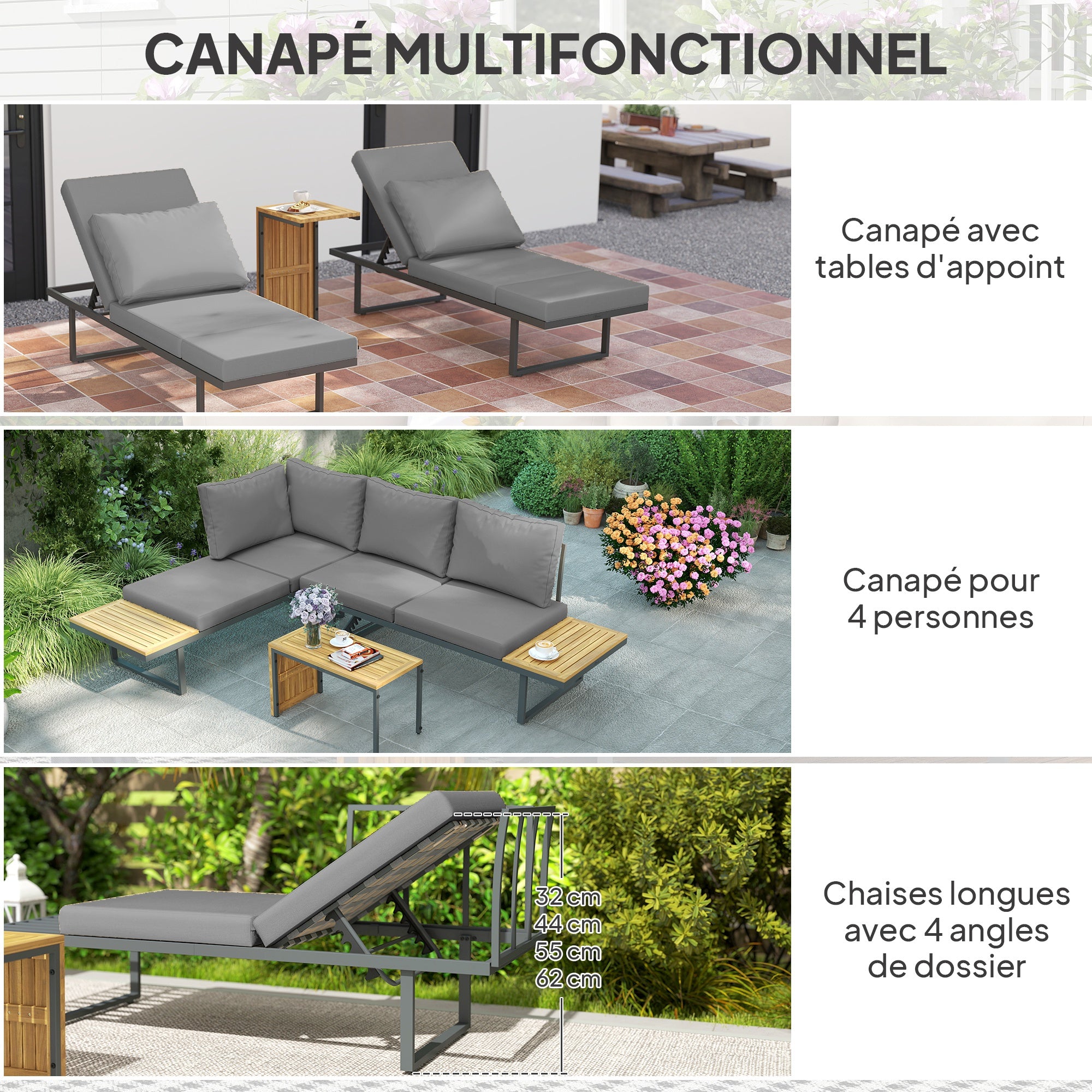 Solarias Ensemble de meubles de jardin modulable en bois d'acacia 6 places, salon de jardin d'angle avec table, gris
