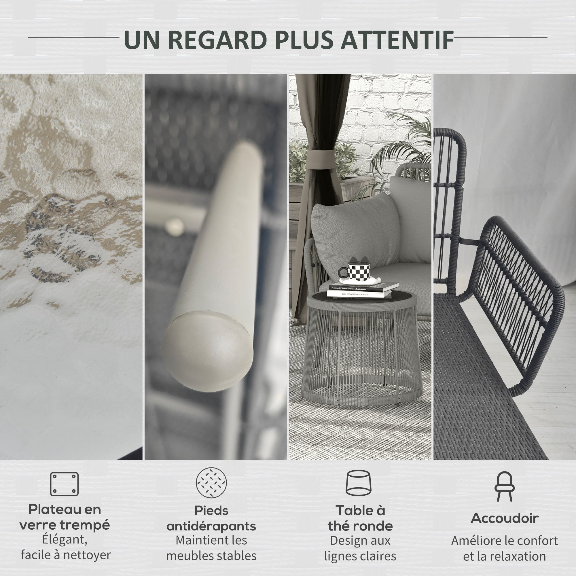 Solarias Salon de jardin d'angle 4 pers. style colonial table basse coussins grand confort inclus résine tressée gris