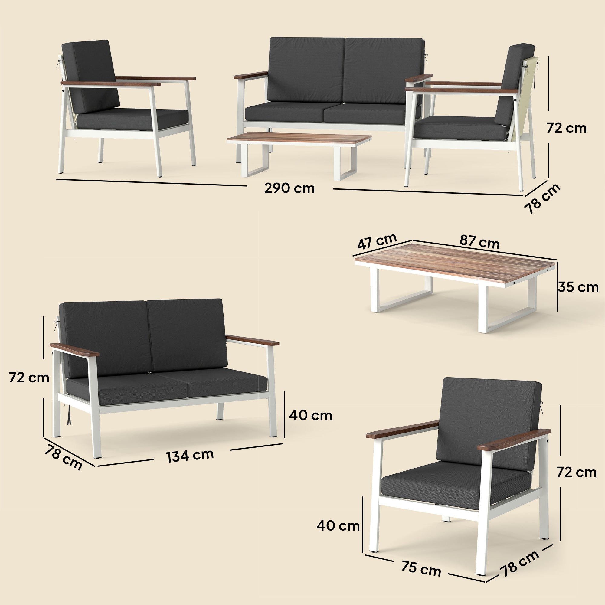 Solarias Ensemble Canapés Jardin 4 Personnes: 2 Fauteuils, Canapé, Table Basse.