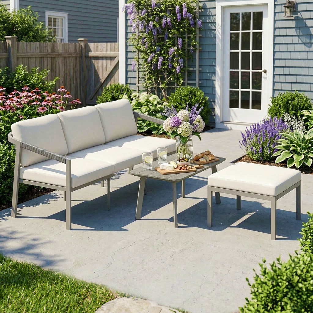 Solarias Ensemble de Jardin Extérieur de 3 Pièces avec Canapé 3 Places Repose-pieds Table Basse et Coussins Marron et beige