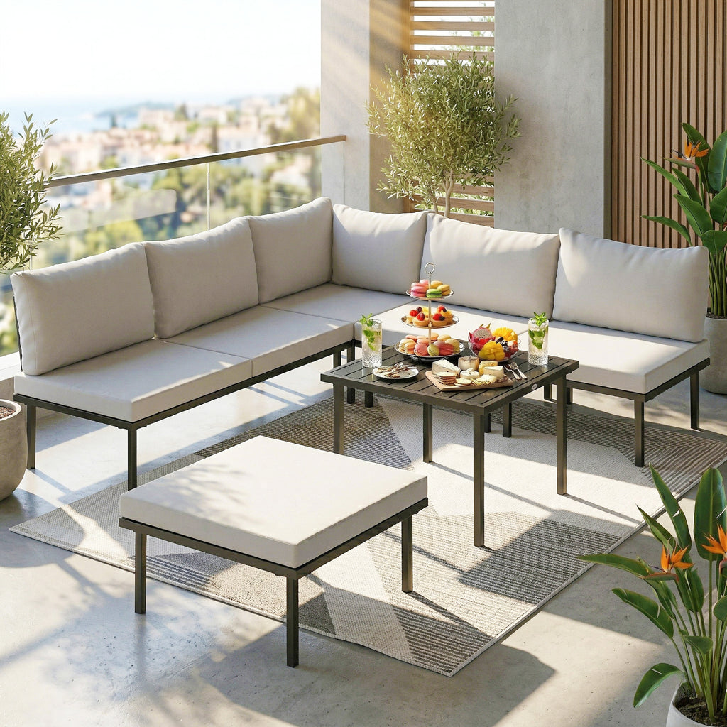 Solarias Ensemble lounge de jardin 5-6 personnes Set lounge avec canapé 2 places, 2 chaises, fauteuil d'angle, table à lames