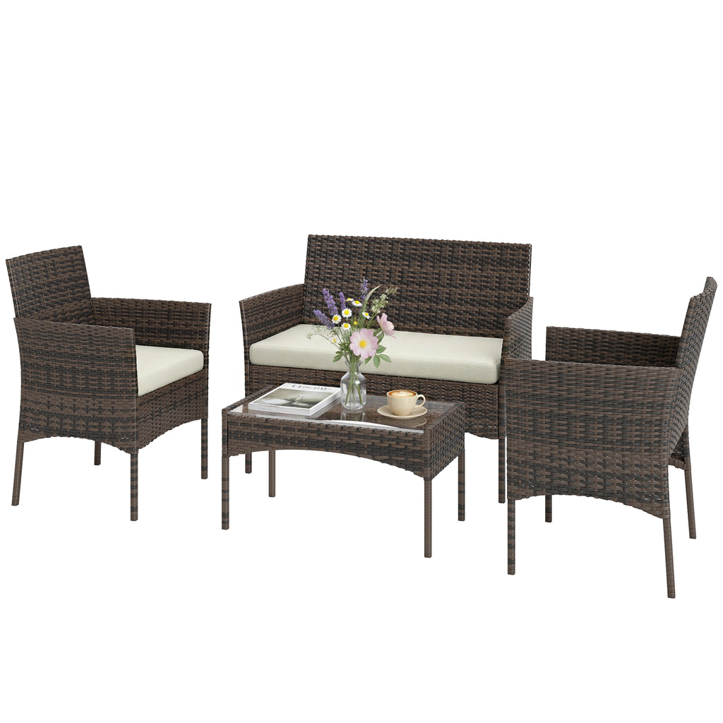 Solarias Salon de jardin extérieur 4 personnes en résine tressée avec canapés et table basse en verre trempé coussins inclus