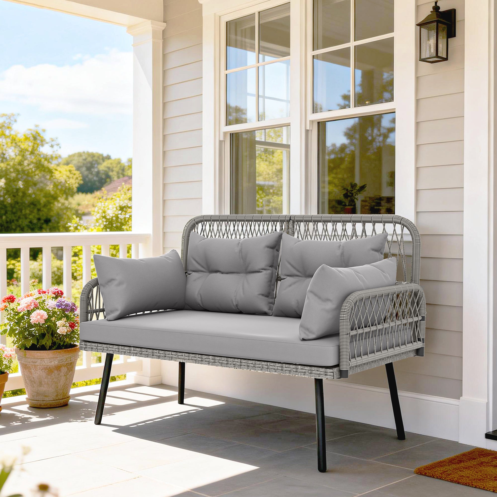 Solarias Canapé de jardin avec coussins et oreillers 2 places en résine tressée, canapé d'extérieur avec accoudoirs gris fon