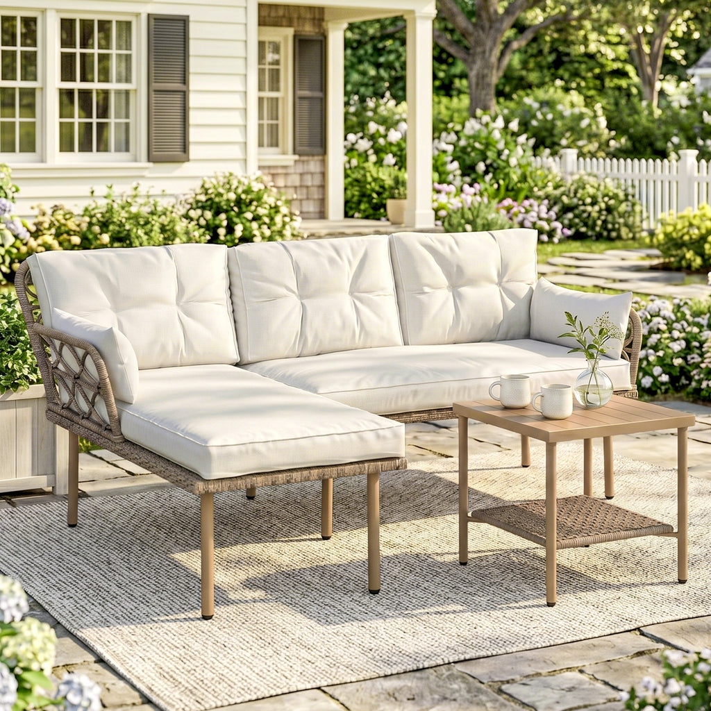 Solarias Salon de jardin d'angle 4 pers. 3 pièces avec 1 table basse coussins grand confort inclus résine tressée crème