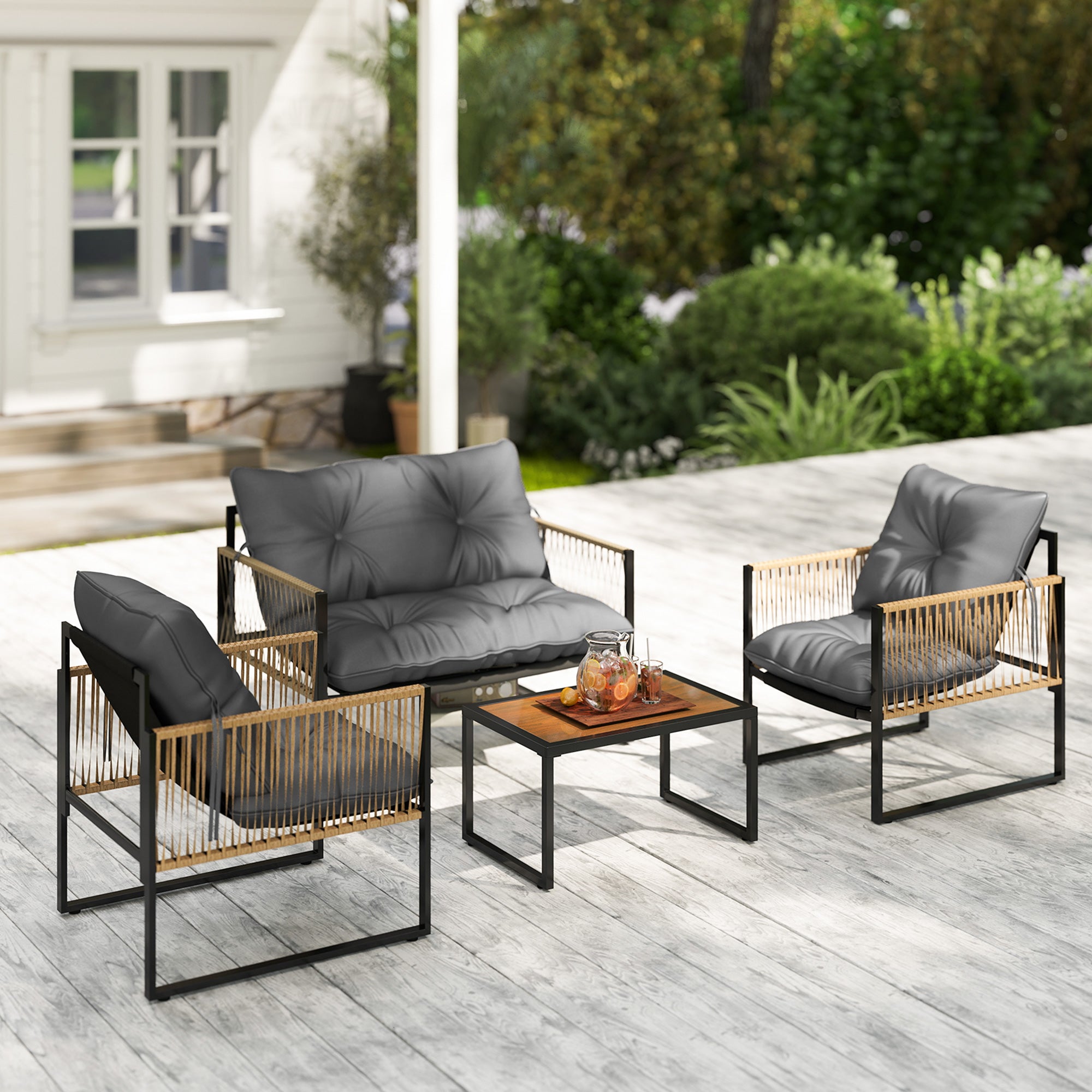 Solarias Ensemble salon de jardin 4 pièces canapé 2 places 2 fauteuils et 1 table basse plateau verre trempé 3 coussins - gr