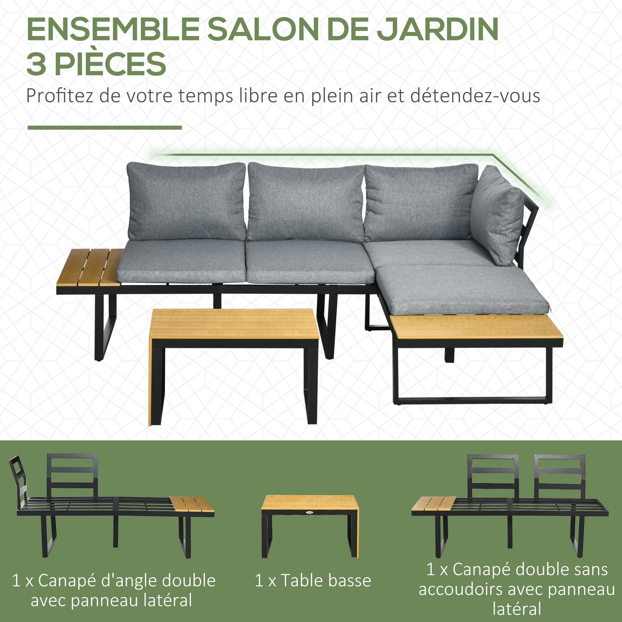 Solarias Salon de Jardin d'angle modulable avec table basse aluminium 5 places 3 pièces 8 coussins inlcus gris foncé
