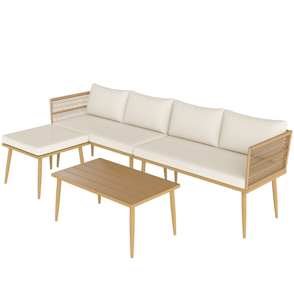 Solarias Salon de jardin extérieur en résine tressée 5 places modulable 2 canapés, pouf et table basse, coussins inclus,