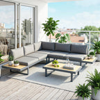 Solarias Ensemble salon de jardin d'angle design 5 places coussins table basse alu. gris anthracite et imitation bois