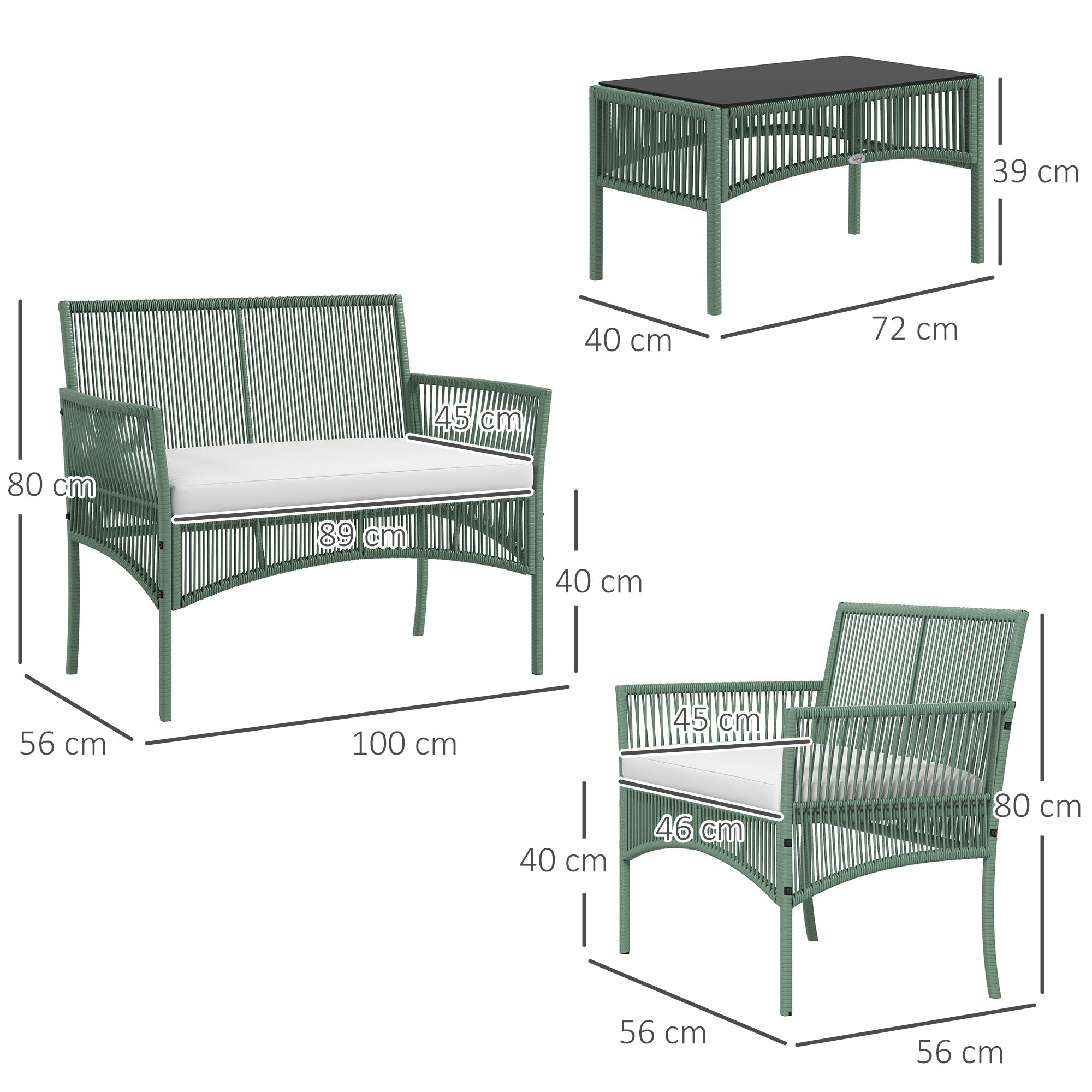 Solarias Ensemble salon de jardin 4 pièces canapé 2 places 2 fauteuils 1 table basse plateau verre trempé