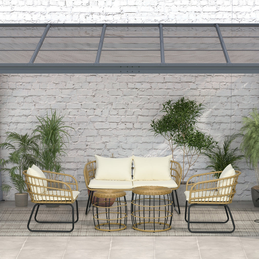 Solarias Ensemble salon de jardin meubles d'extérieur 4 places 2 fauteuils 1 canapé 2 places et 2 tables basses coussins inc