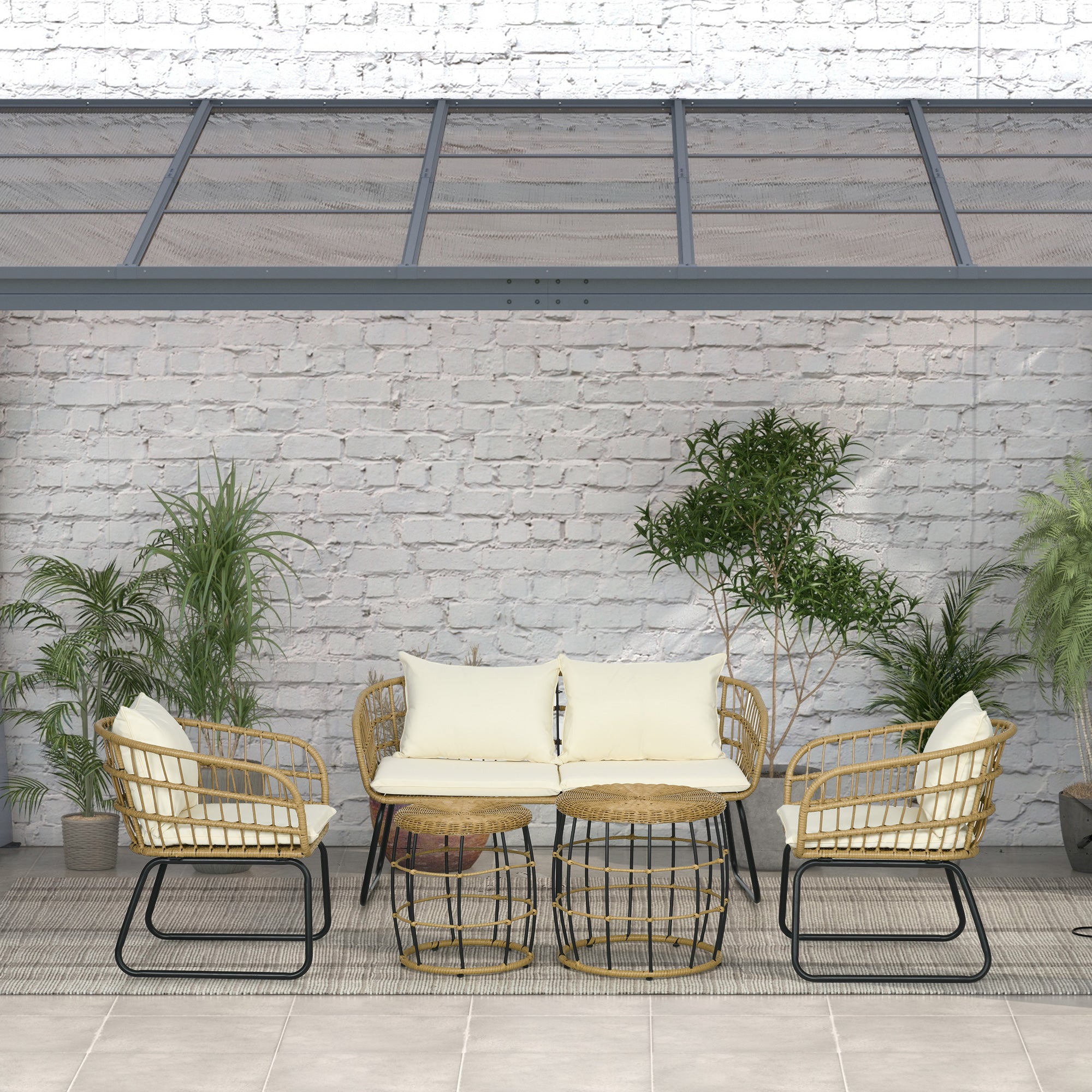 Solarias Ensemble salon de jardin meubles d'extérieur 4 places 2 fauteuils 1 canapé 2 places et 2 tables basses coussins inc