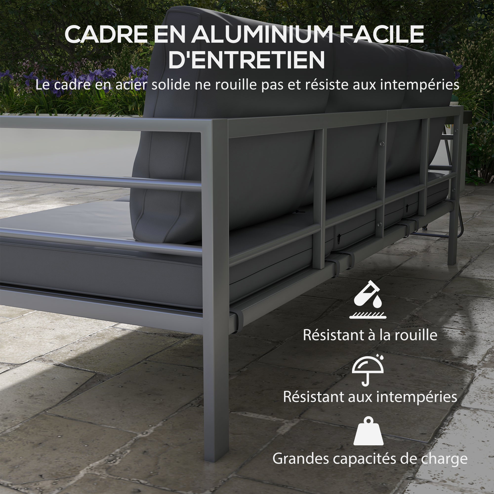 Solarias Canapé de jardin 3 places avec coussins d'assise et dossier - canapé extérieur en aluminium 185L x 66l x 64H cm