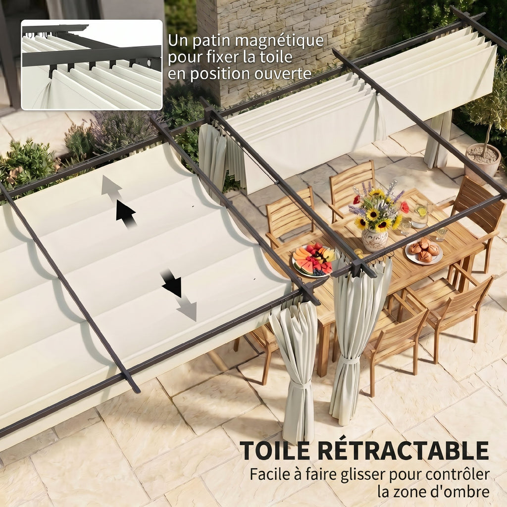 Solarias Pergola de jardin exterieur 3 x 4 m, toit rétractable et rideaux, anti-UV UPF30+, pour barbecue, patio, terrasse, c