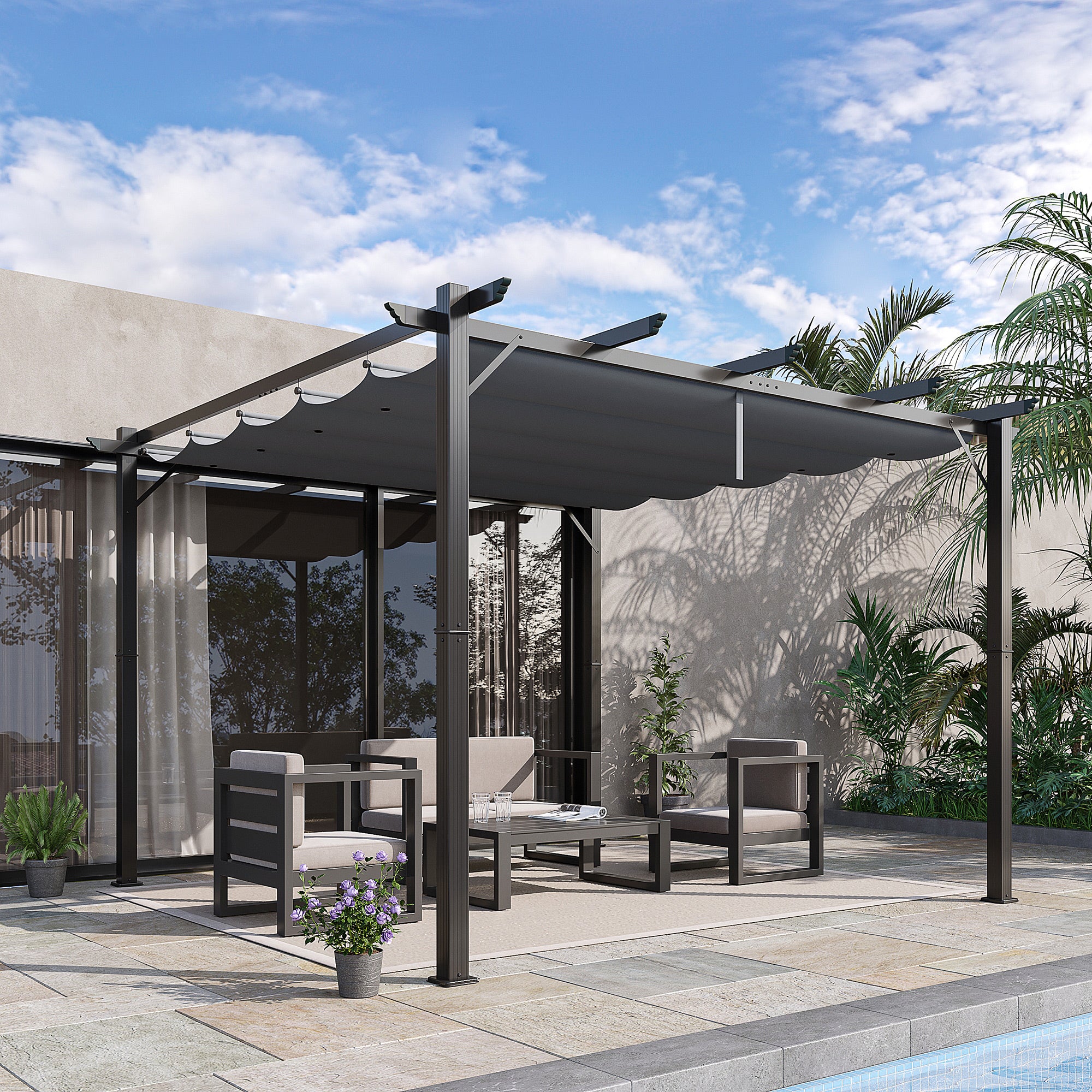 Solarias Pergola de Jardin 3x3 m avec Toit Rétractable Protection UPF30+ Drainage Cadre en Aluminium pour Patio Extérieur Gr