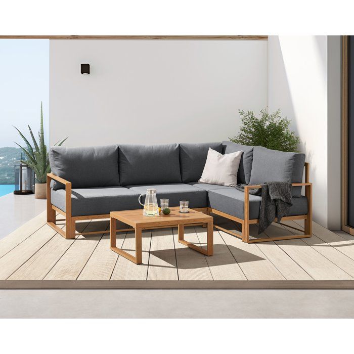 Solarias Salon de jardin canapé d'angle SANTA - Aluminium effet bois - 5 personnes - Gris clair