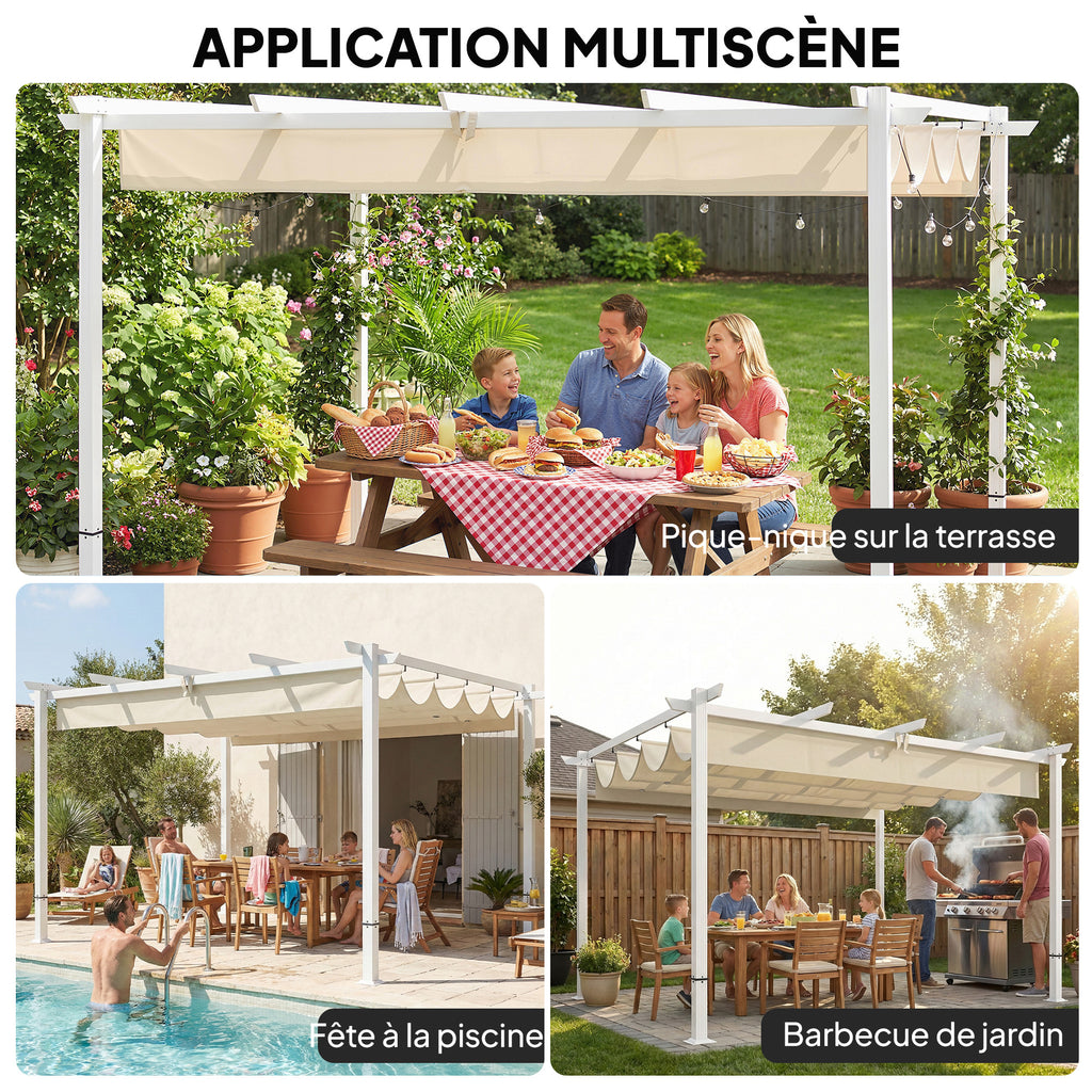Solarias Pergola Tonnelle de Jardin Toit Rétractable avec Toile Coulissante Magnétique et Trous de Drainage 390x297x227cm Be