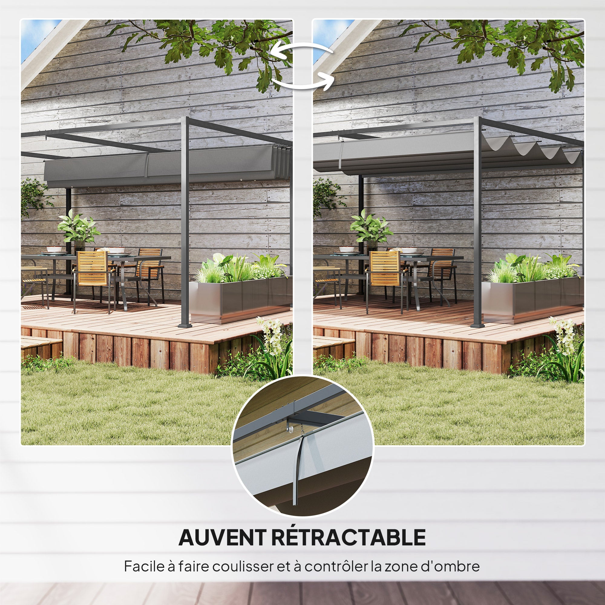 Solarias Pergola coulissante Pergola rétractable 4 x 3 m structure métal époxy anticorrosion toile polyester 180 g/m² gris f
