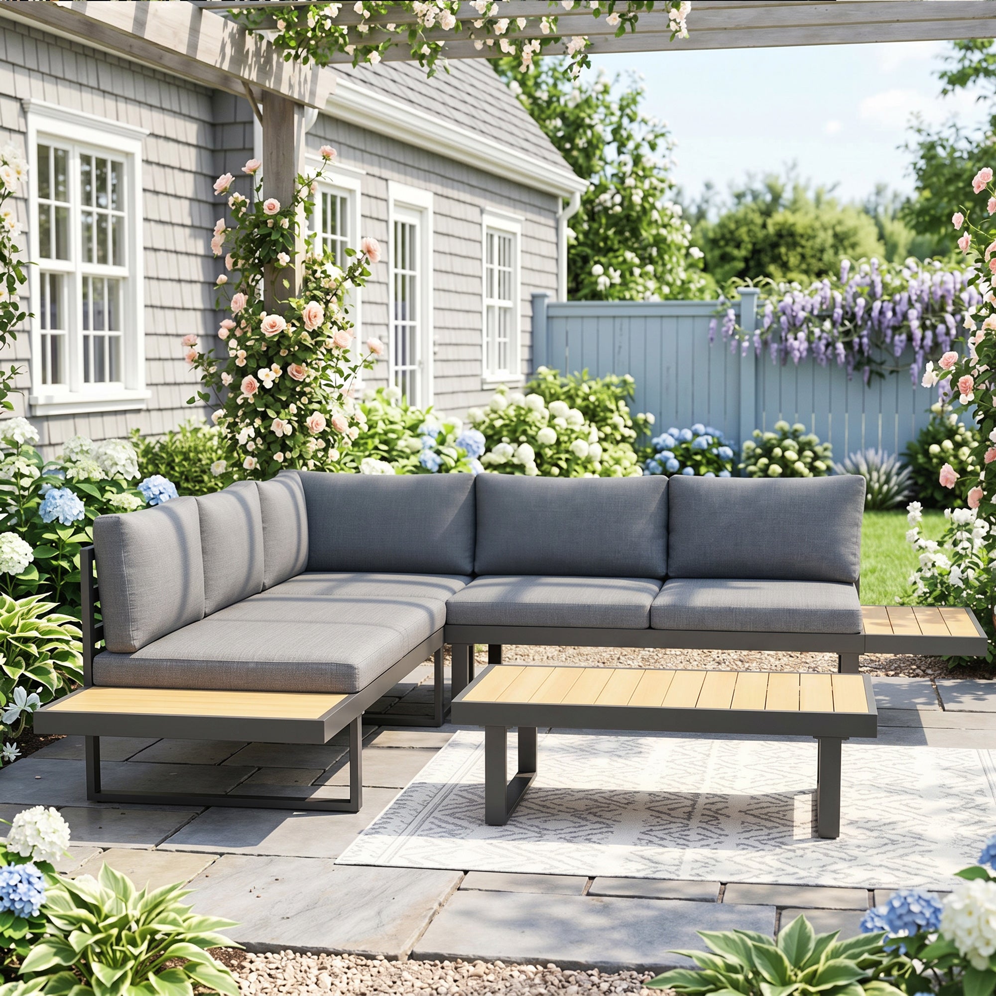 Solarias Ensemble salon de jardin d'angle design 5 places coussins table basse alu. gris anthracite et imitation bois