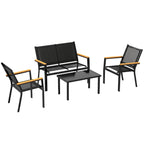 Solarias Salon de jardin extérieur 4 pièces avec canapé 2 places, 2 chaises et table basse en verre trempé, noir
