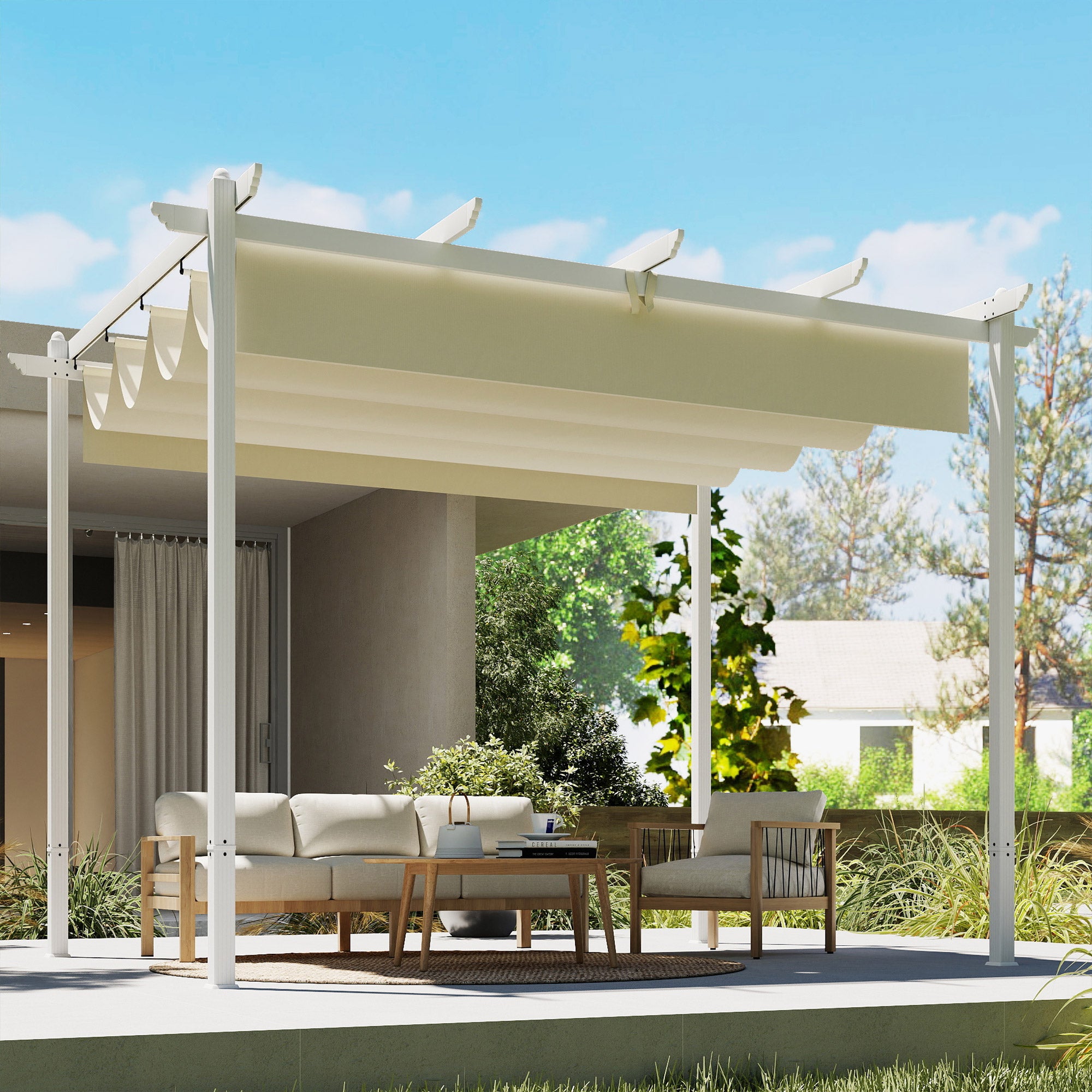 Solarias Pergola Tonnelle de Jardin Toit Rétractable avec Toile Coulissante Magnétique et Trous de Drainage 390x297x227cm Be