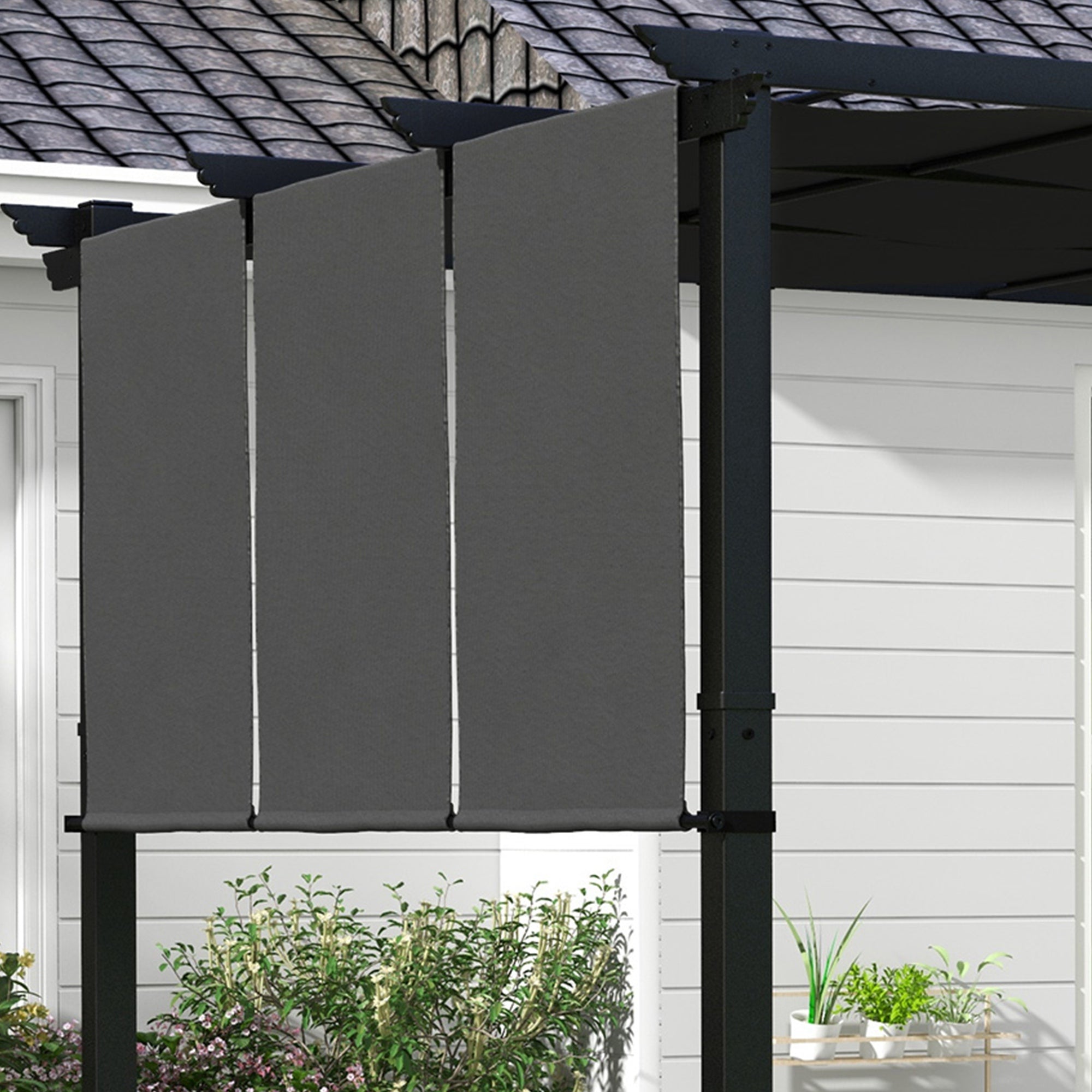 Solarias Pergola avec 3 toiles coulissantes 3L x 3l m structure métal époxy anticorrosion toile polyester gris