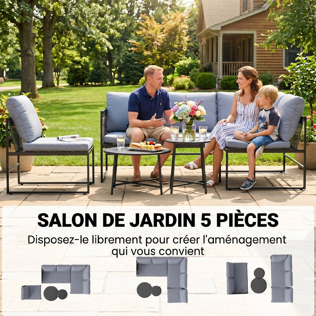 Solarias Salon de Jardin Extérieur 5 Pièces, 2 Canapés, 2 Tables, 1 Chaise, Pochette de Rangement, 182x167x65cm, Gris Foncé