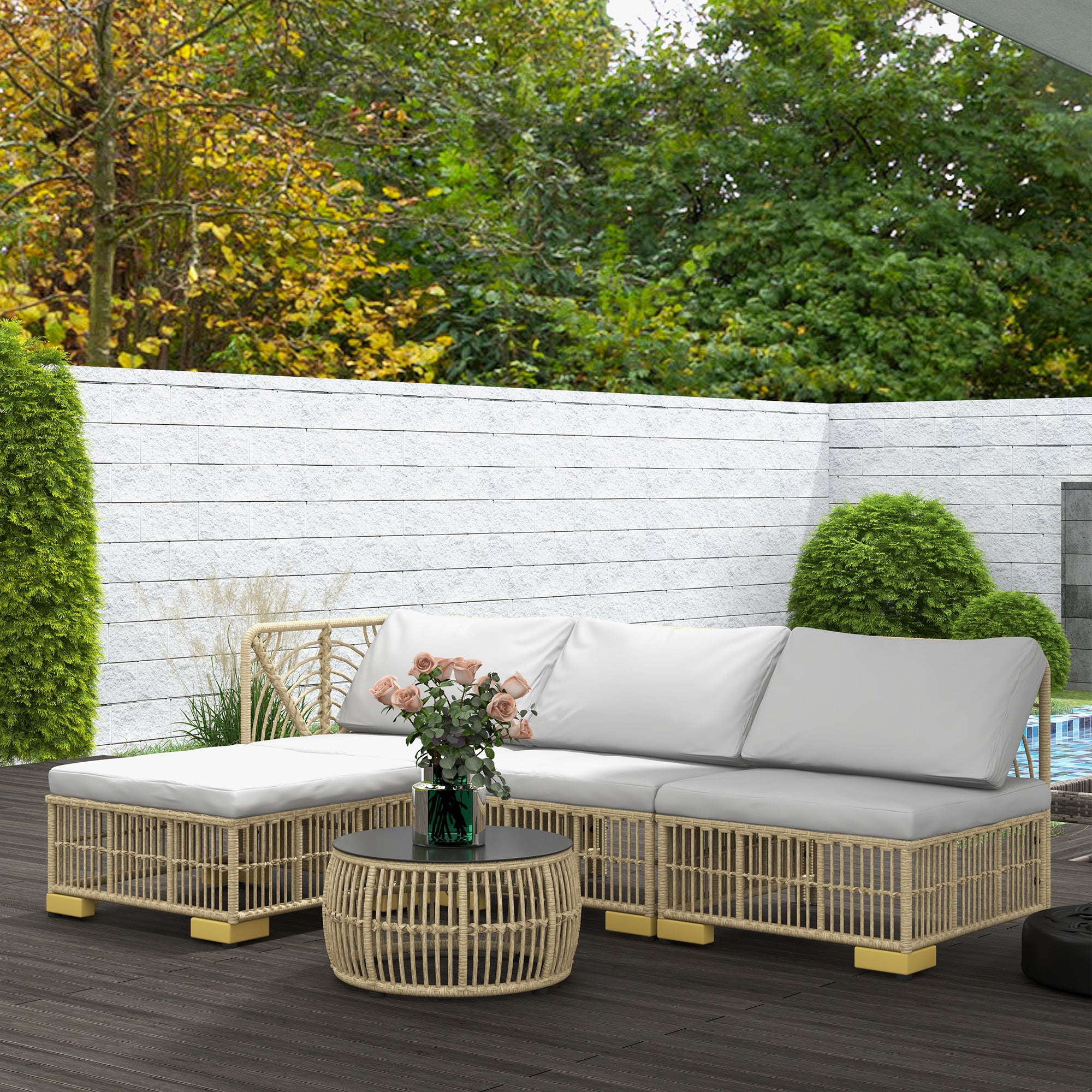 Solarias Ensemble 5 pièces salon de jardin bas modulables pour 4 personnes en résine tressée aspect rotin