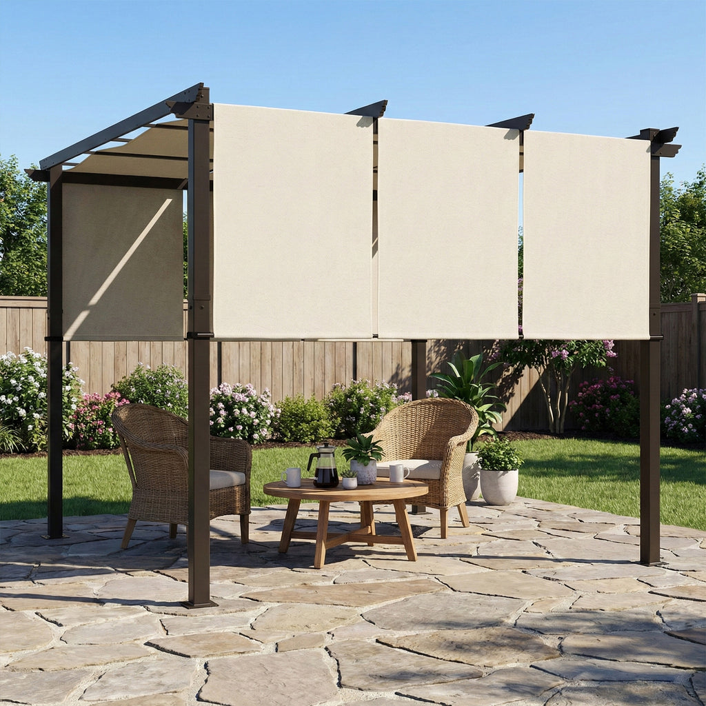 Solarias Pergola avec 3 toiles coulissantes 3 x 3 x 2,38 m structure acier noir toile polyester haute densité beige
