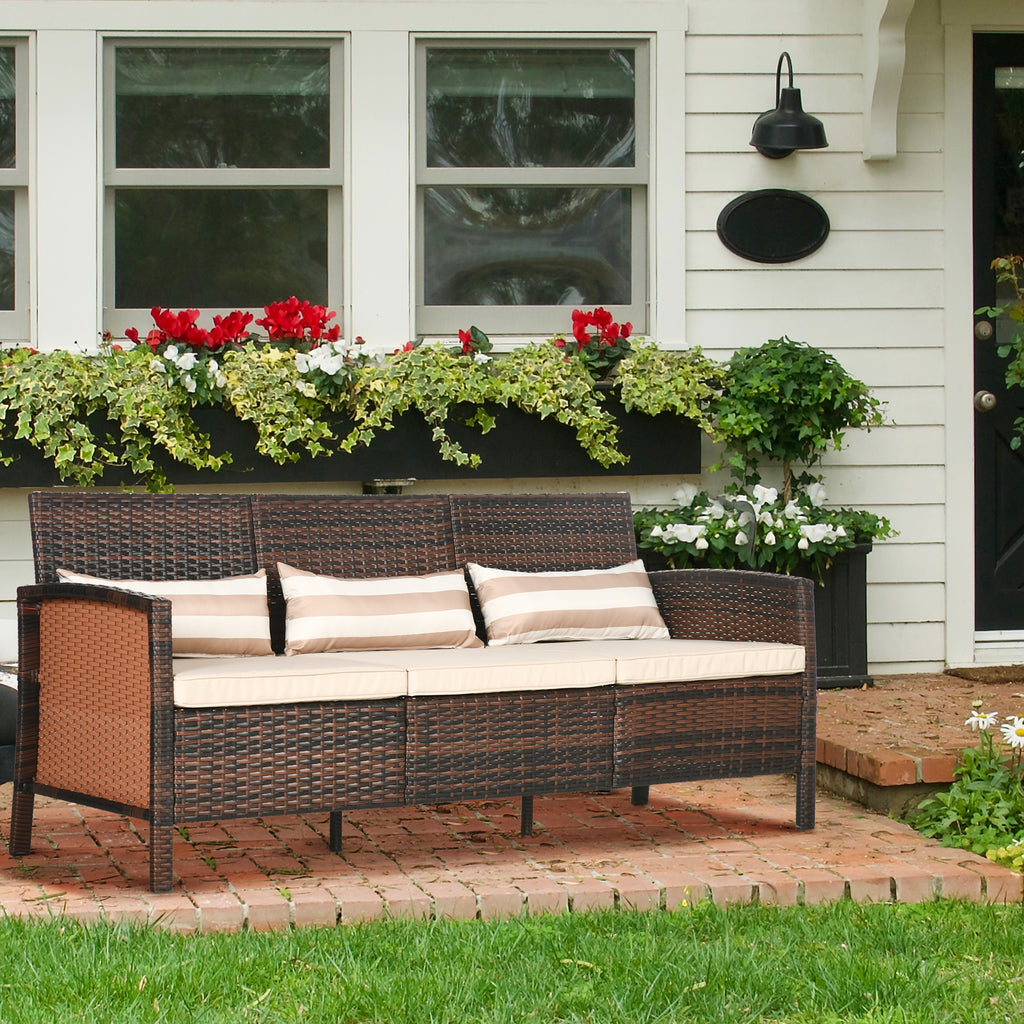 Solarias Canapé en rotin avec coussins, Trois places, Canapé de jardin, Acier, Marron, 173 x 68 x 78 cm