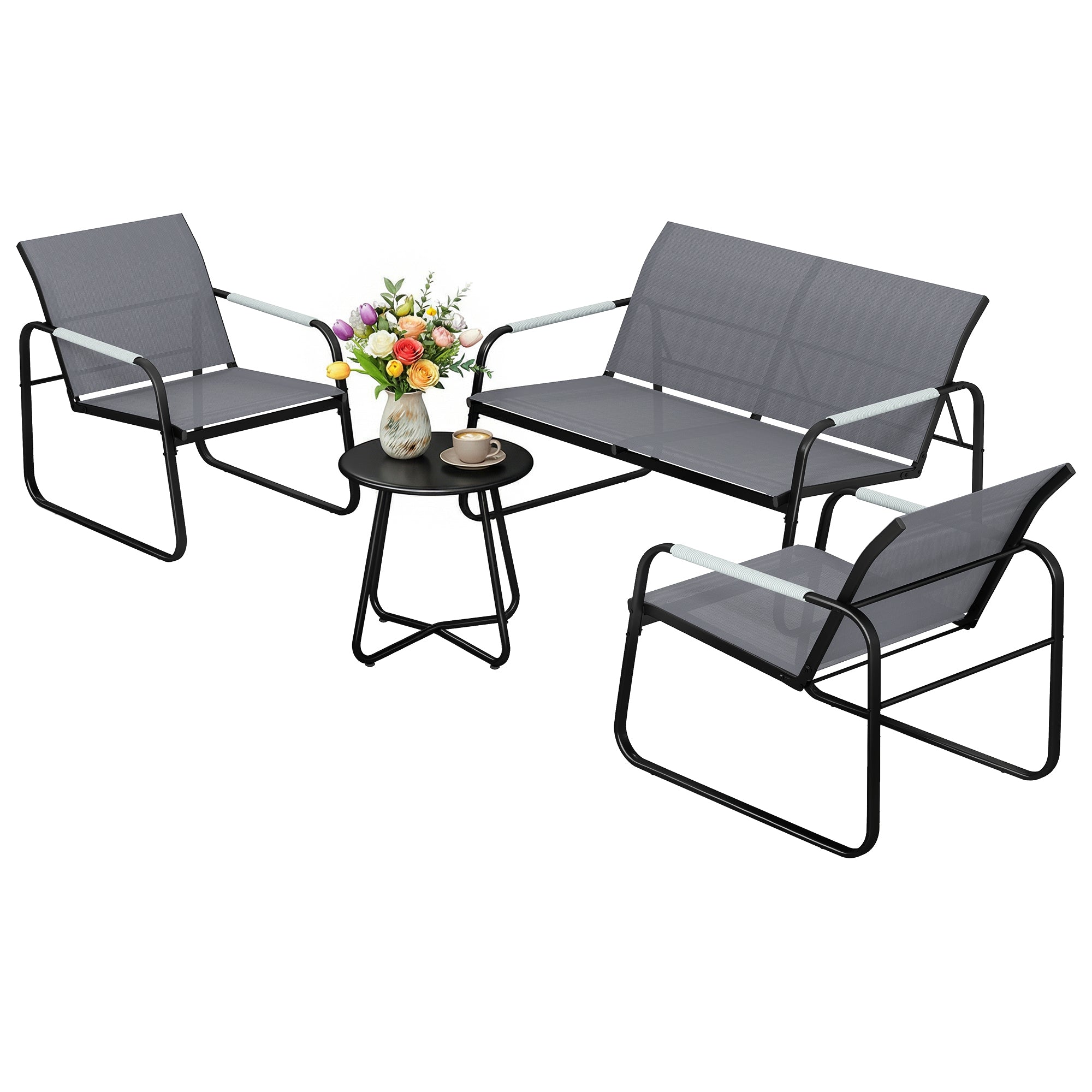 Solarias Set de mobilier de jardin 4 places Respirant Salon de jardin avec canapé 2 places 2 fauteuils Tressage corde Table 