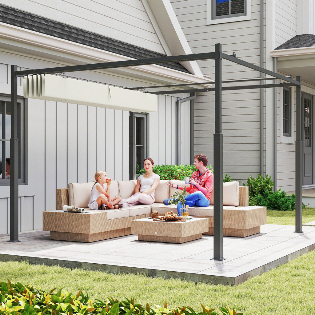 Solarias Pergola de jardin exterieur 3 x 3 m avec toit rétractable et fixation magnétique, abri soleil UPF30+, crème