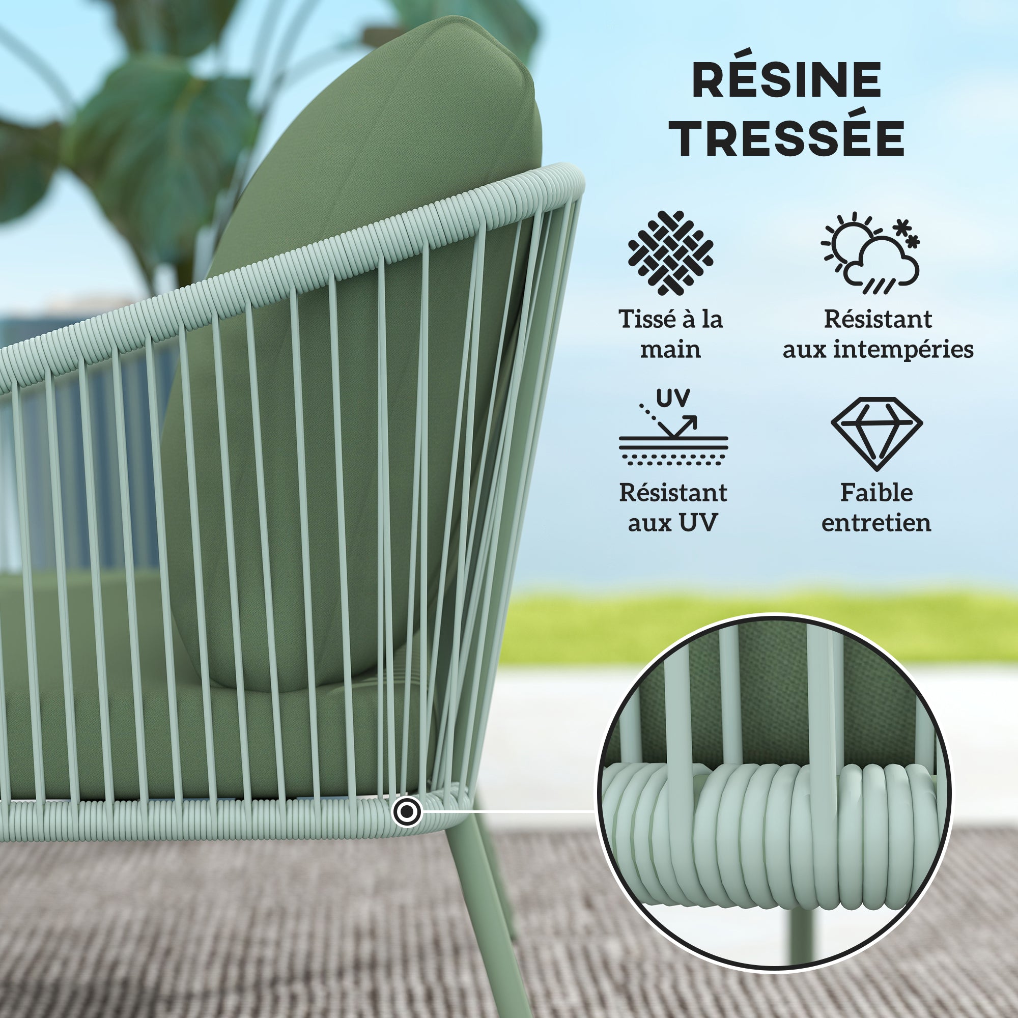 Solarias Canapé de jardin 2 places en résine tressée avec coussins canapé d'extérieur accoudoirs cadre en acier 112x72x76cm 