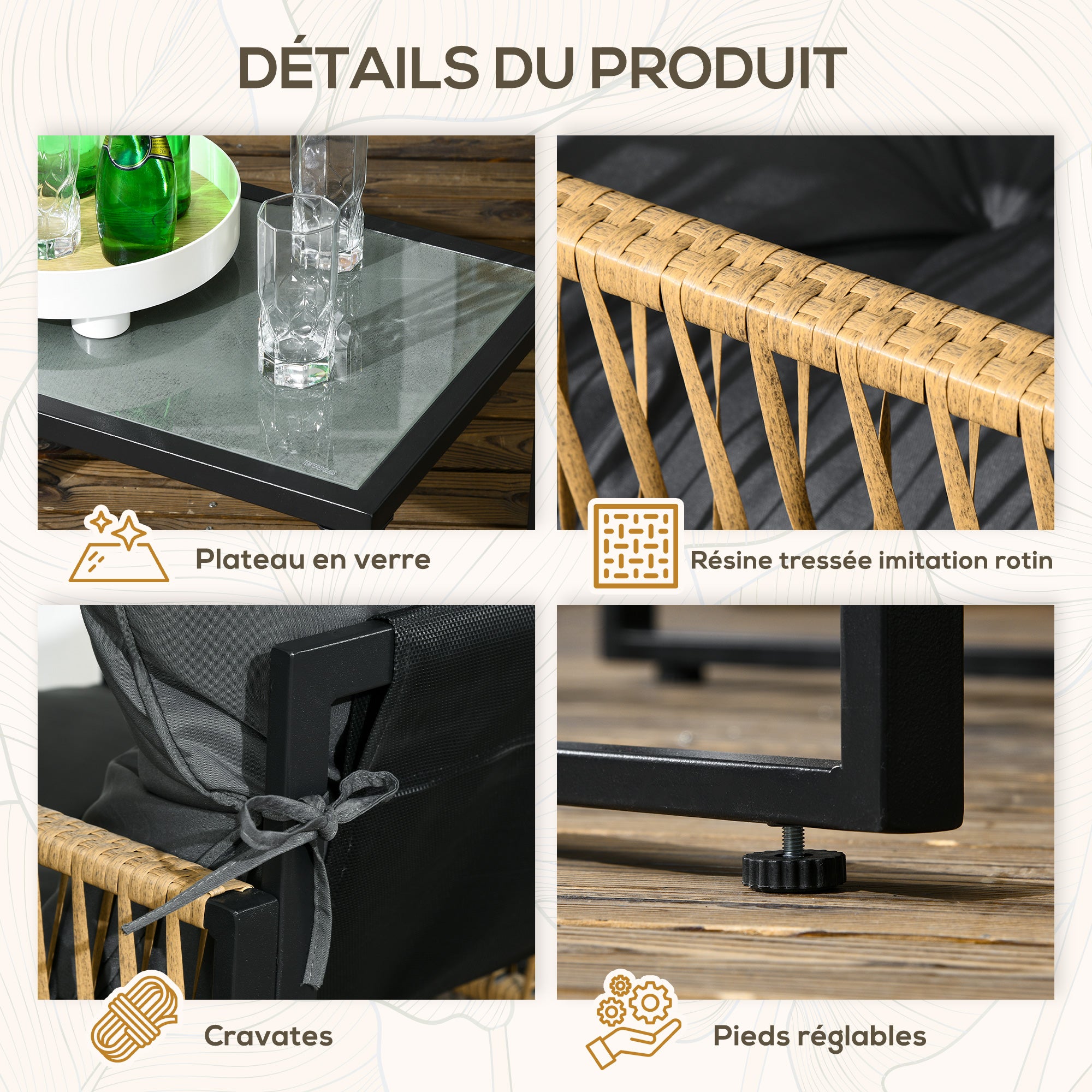 Solarias Ensemble salon de jardin 4 pièces canapé 2 places 2 fauteuils et 1 table basse plateau verre trempé 3 coussins - gr