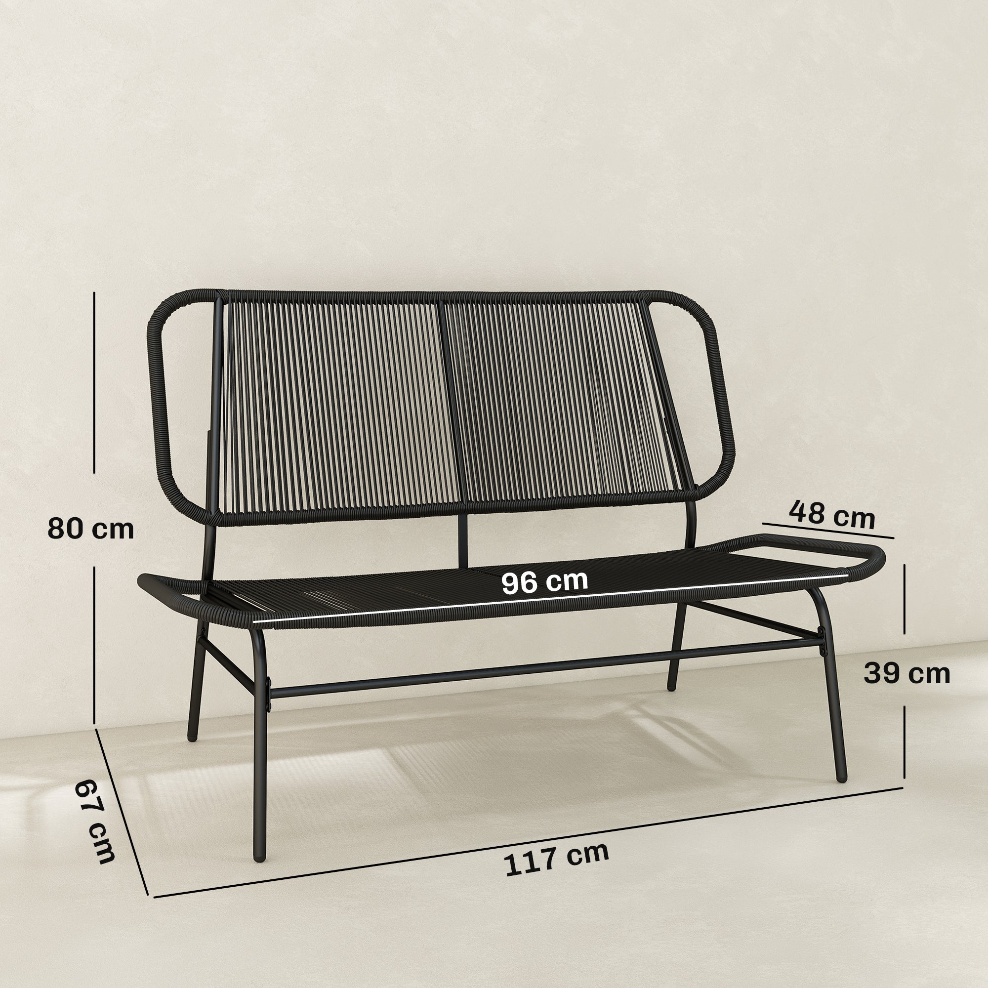 Solarias Canapé d'extérieur en rotin 2 places avec assise et dossier tressés en rotin Structure en acier Charge 240 kg Noir