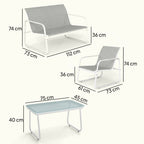 Solarias Ensemble Jardin Extérieur 4 Pièces avec Canapé 2 Places 2 Fauteuils Table en Verre Trempé Tissu Textilene Gris Clar