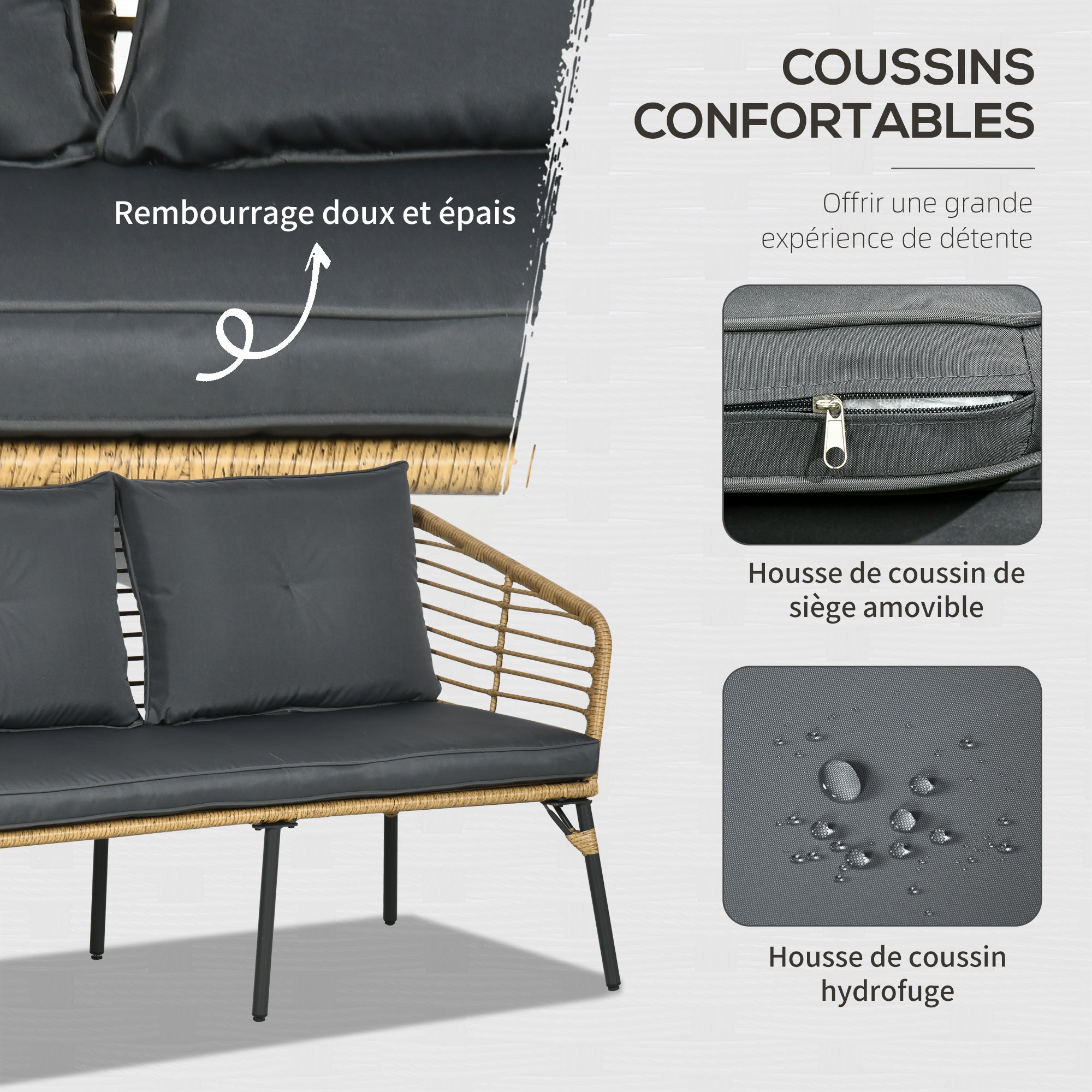 Solarias Ensemble salon de jardin 4 pièces canapé 2 places 2 fauteuils 1 table basse 7 coussins métal et résine imitation ro